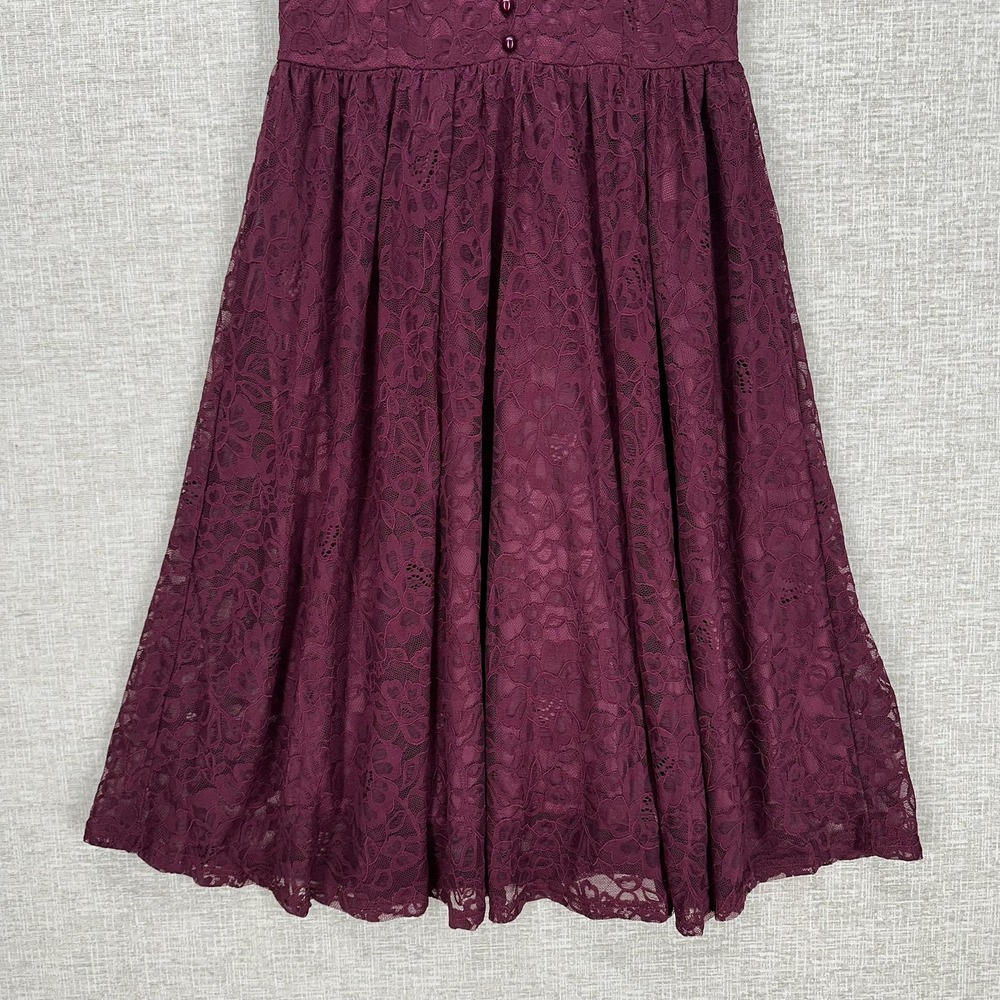 Dress Womens Medium Burgundy Lace Shoulder‎ Puff Sleeve Fit Flare Midi Formal - Picture 3 of 11
